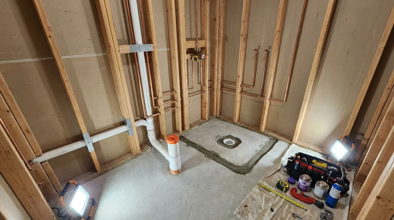Bathroom rough-in plumbing during remodel by Johns Plumbing LLC in Comanche
