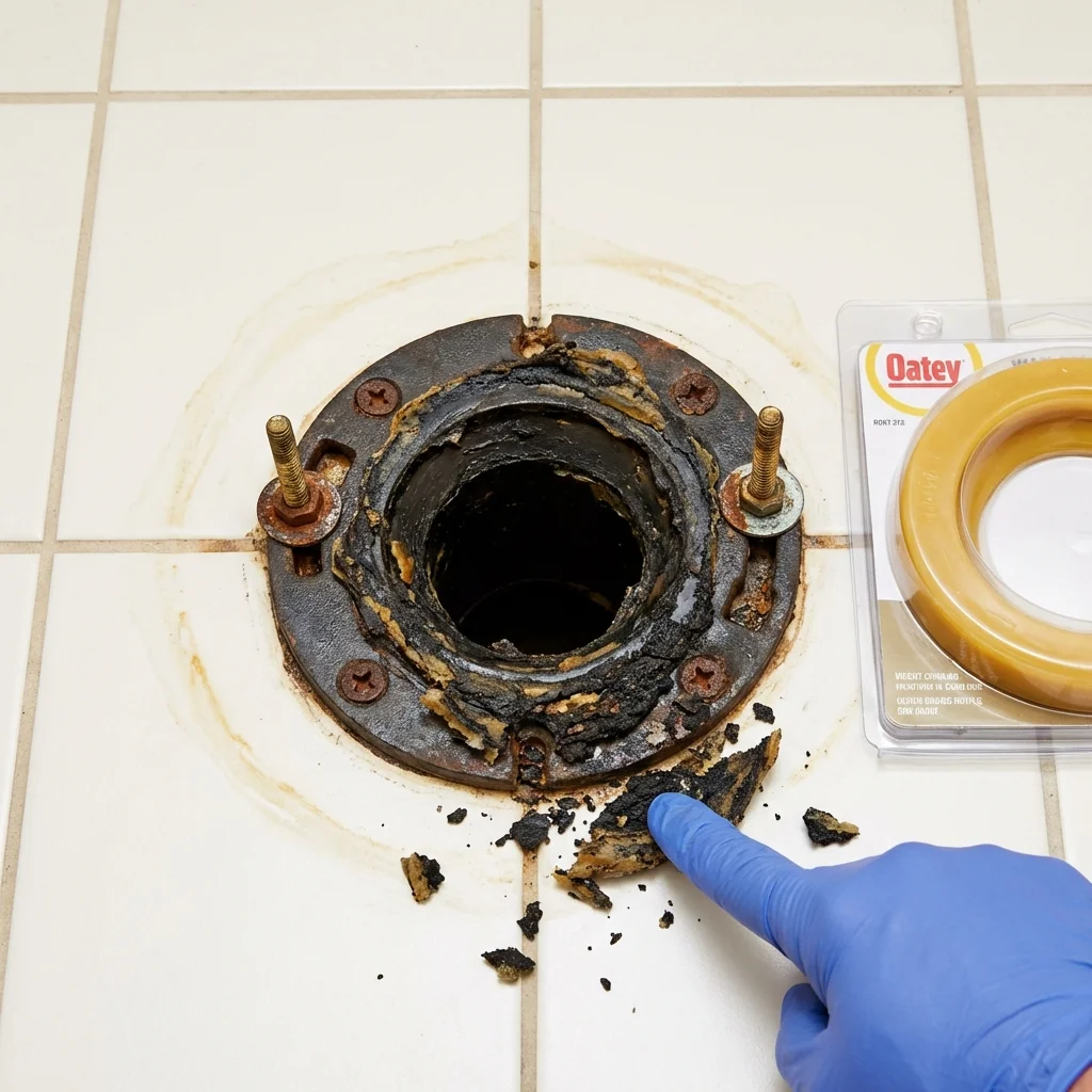 Failed wax ring showing water seepage at the base of a toilet in a Comanche, TX home